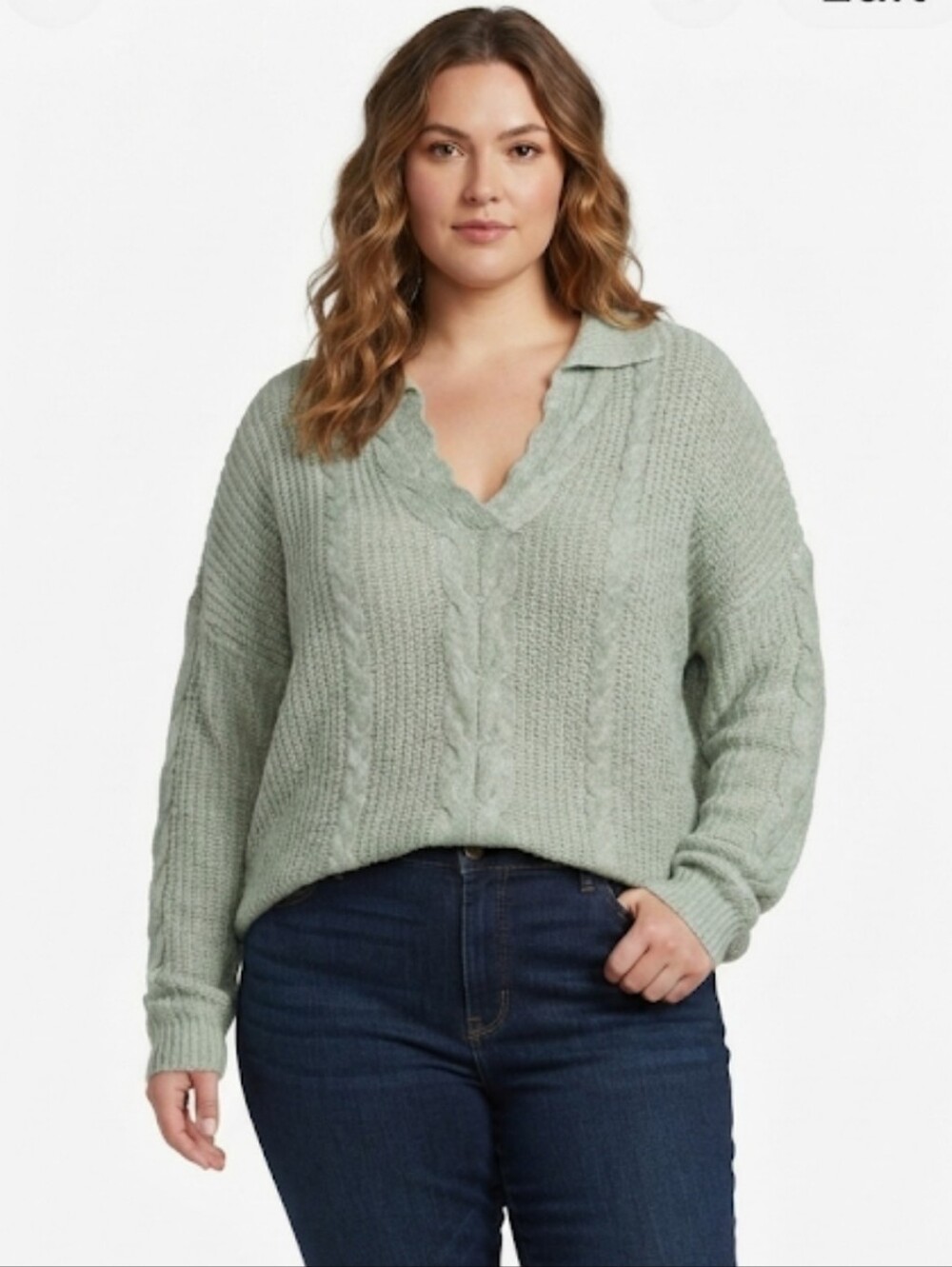 Time & Tru Light Sage Green Cable Knit Collared V-neck Pullover Sweater Large